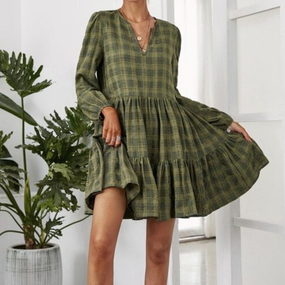 Plaid ruffle hem lantern sleeve dress GREEN - Picture 3 of 6